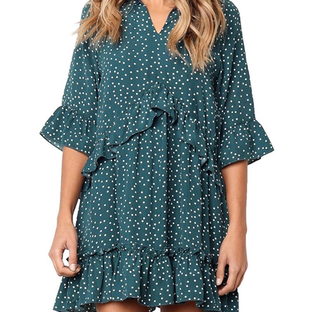 V Neck polka dot ruffle dress